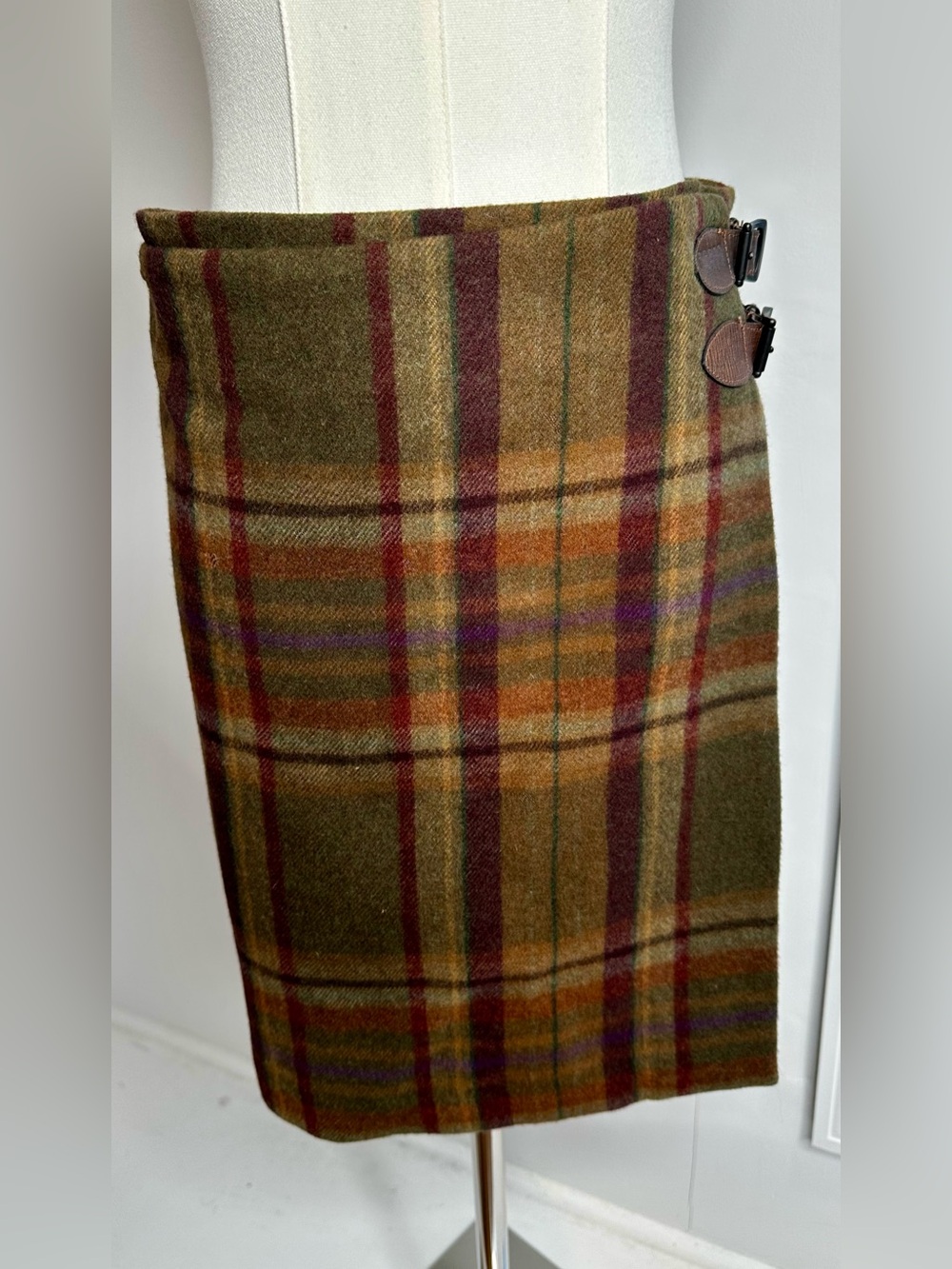 Ralph Lauren Wool Plaid Wrap Kilt Skirt Leather Buckles Size 14 NWT
